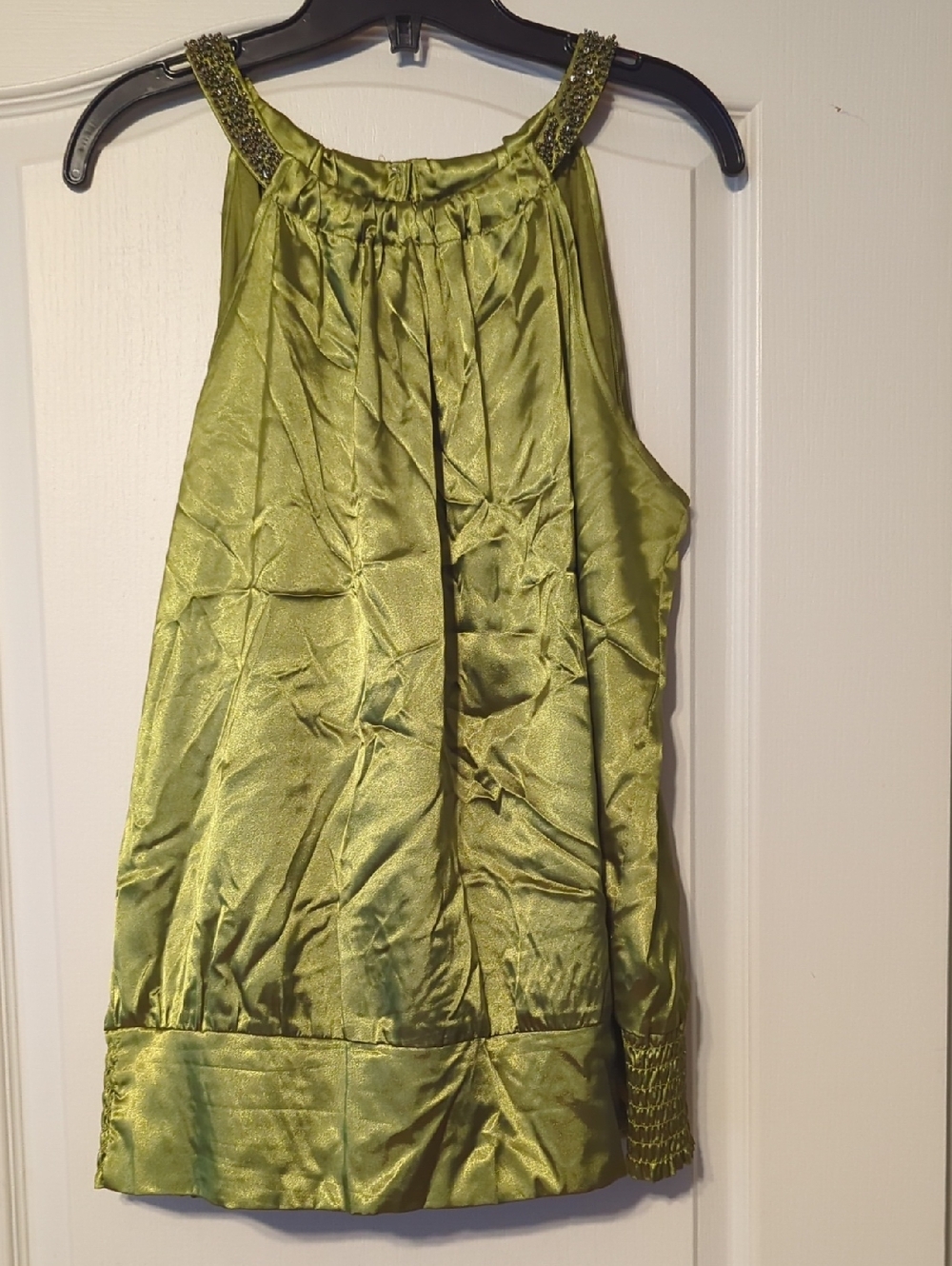 le chateau Olive Green Beaded Halter Satin Blouse